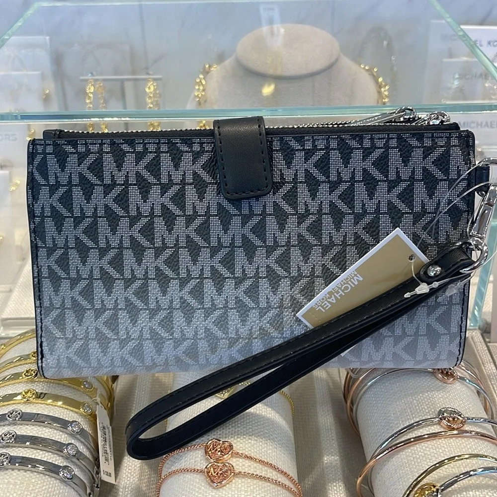 Michael Kors Jet Set Large Ombré Signature Logo Wristlet Wallet Phone BLACK NWT